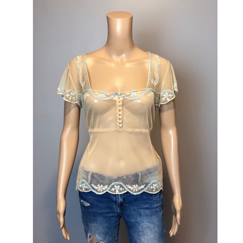 ODILLE Anthropologie sheer embroidered boho blouse